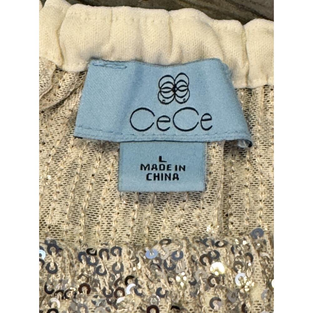 CeCe Blouse Womens Large Champagne Silver Sequin Flutter Sleeve Lined Party Top - Picture 9 of 9
